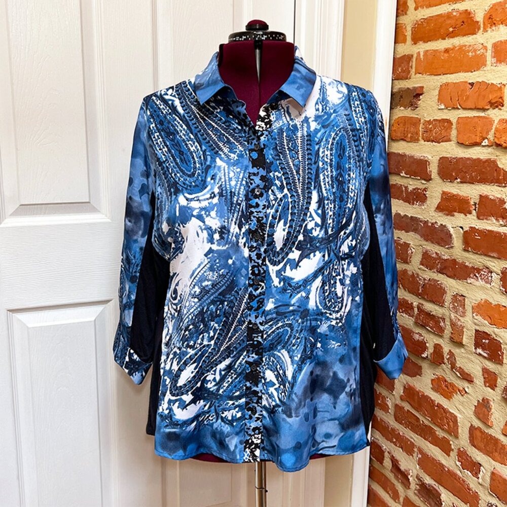 Tahari Blue Paisley Mixed Materials Roll Tab Sleeve Button Down Blouse
